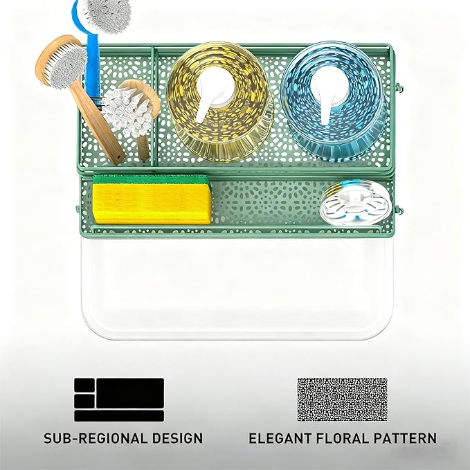 Cisily Sage Green Sponge Holder for Kitchen, Sink Caddy Sink Organizer Rack for Kitchen Accessories with Drip Tray, Rustproof and Non-slip, Soap Dispenser Countertop Organizer Essentials for New Home