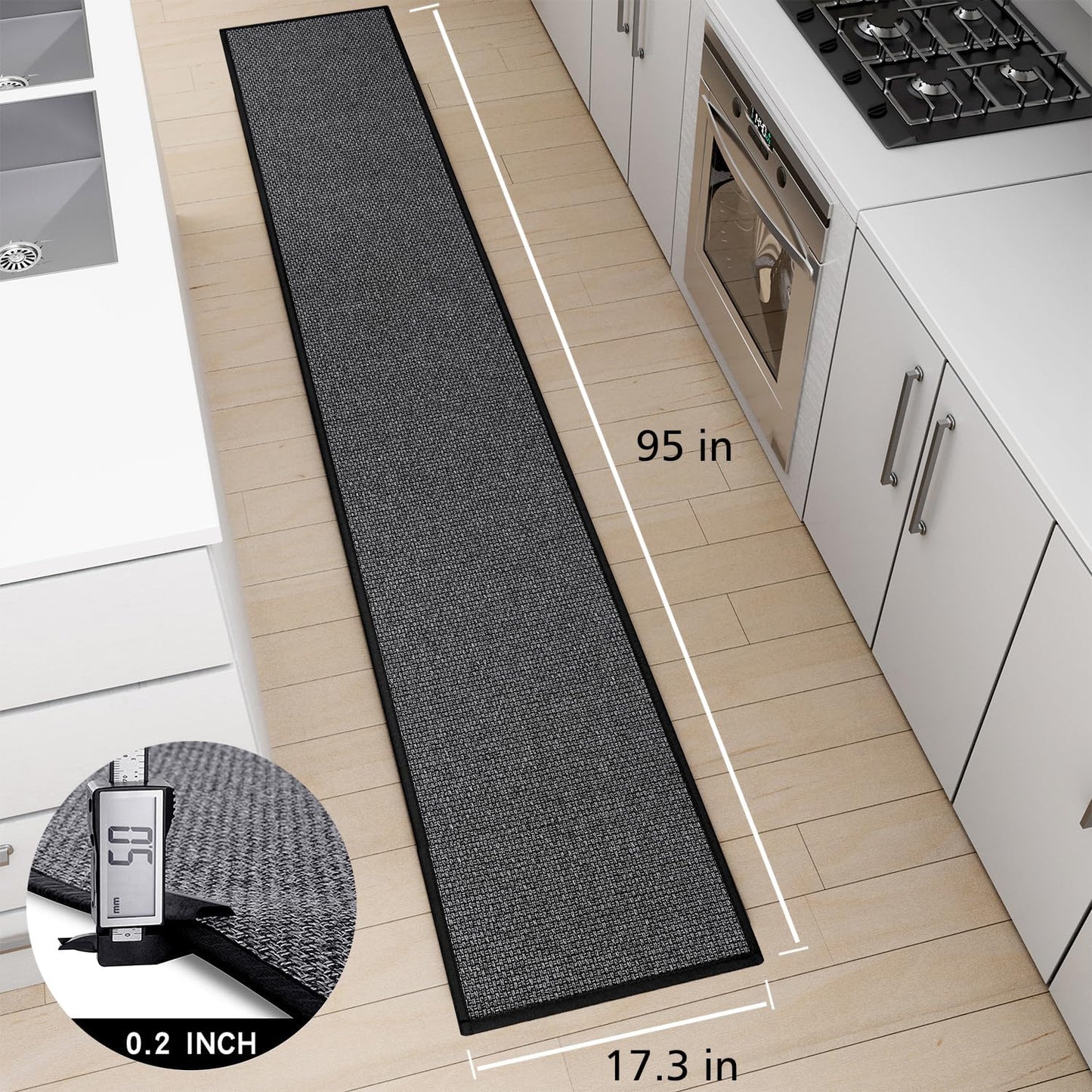 Kitchen Mat 1 PCS, Cushioned Non Slip Rugs for Kitchen Floor, Absorbent Runner Comfort Standing Mats Washable for Kitchen, Office, Home (Black, 17.3"x95")