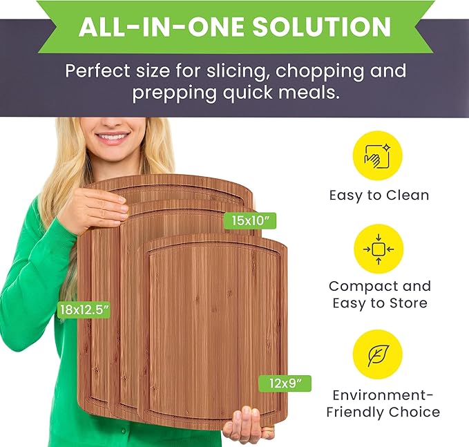 Organic Bamboo Cutting Boards for Kitchen Set of 3 with Lifetime Replacements- Non Toxic Wood Chopping Board for Charcuterie, Meat, Vegetables and Fruits - Ideal Kitchen Gifts for Home Chefs