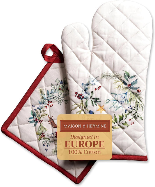 Maison d' Hermine 100% Cotton Oven Mitt & Pot Holder Set (7.5"x13" & 8"x8") Heat Resistant BBQ Cooking Gloves with Loop, Baking, Grilling, Kitchen, Handling Hot Pans (Holly Time)