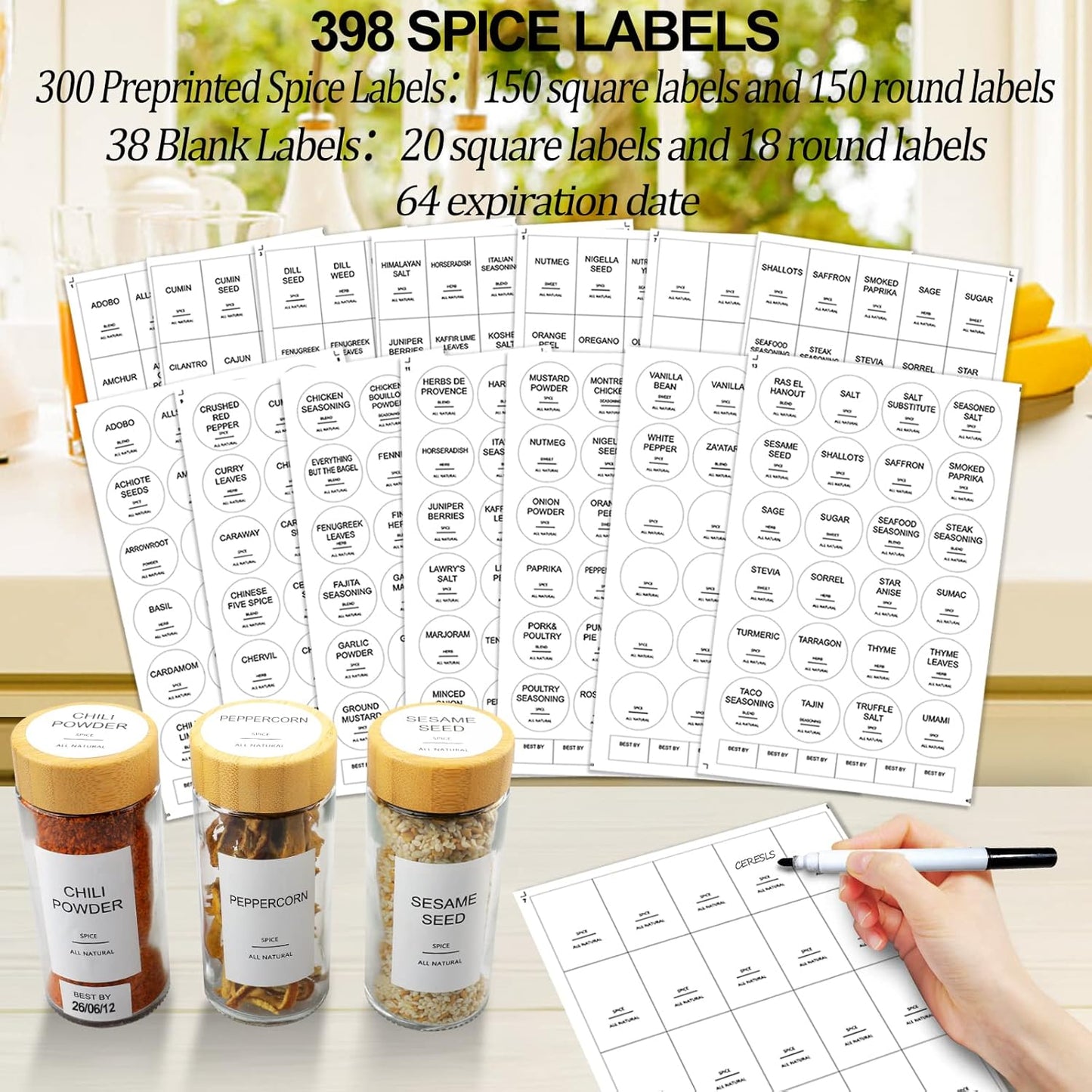 AISIPRIN Glass Spice Jars with 398 Labels-4oz 24 Pcs,Round Seasoning Jars with Bamboo Airtight Lids,Spice Container Set -Shaker Lids, Funnel,Brush and Marker Included