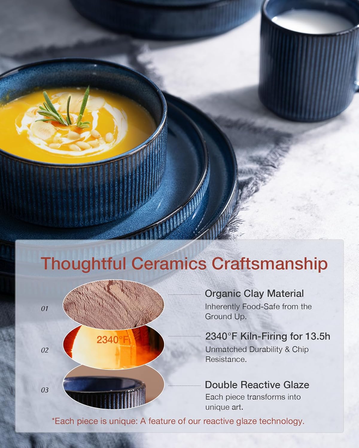 Famiware Star Dinnerware Set with Mugs, Service for 4 (16pcs), Ribbed Stoneware Plates and Bowls Dishes Sets - Chip & Scratch Resistant, Microwave & Dishwasher Safe, Nebulas Blue