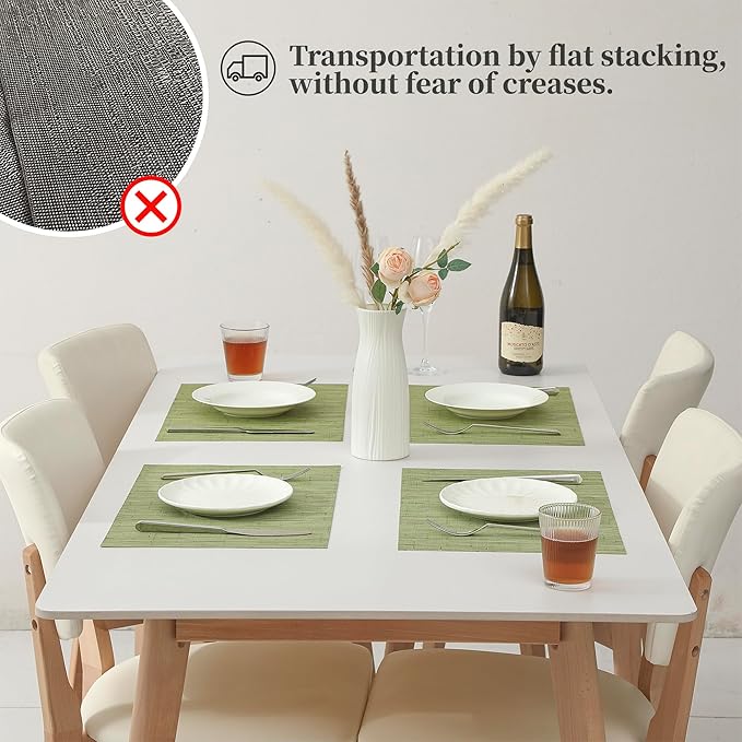 Leetaltree Pea Green Placemats Set of 8 - Heat Resistant Non-Slip Place mats for Dining Table, Washable Durable PVC Vinyl Woven Table Mats（Pea Green, 8）