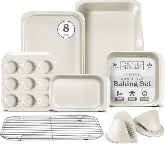 Country Kitchen Nonstick Stackable Bakeware Set - Deluxe Heavy Duty, Durable, Easy Release Baking Set, 8 Pcs, Cream
