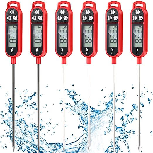 6 Pcs Instant Read Meat Thermometer with Long Probe 9.65 Inch Kitchen Cooking Food Candy Waterproof Digital Thermometer for BBQ Water Milk Yogurt Liquid Cooking(Red)