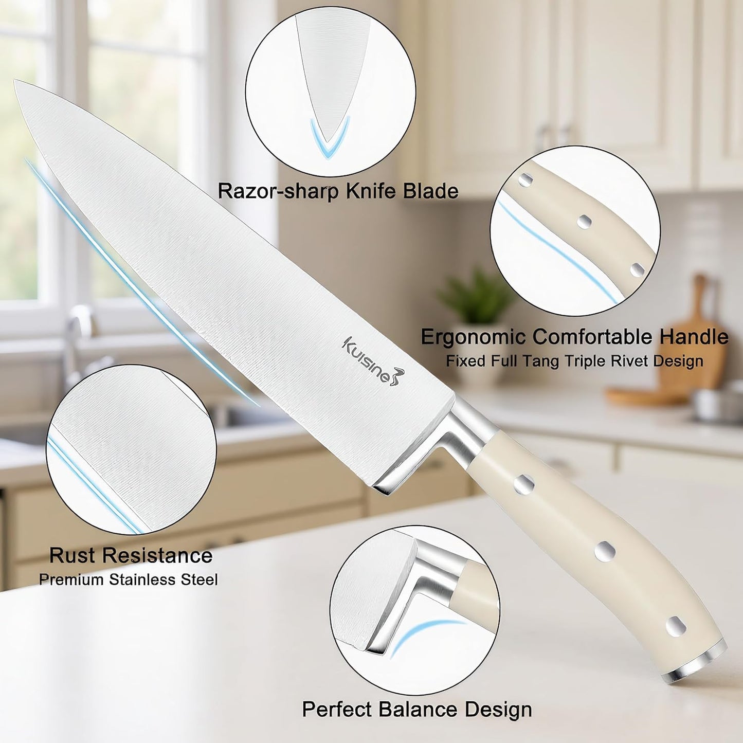 KUISINE Knife Set High Carbon Stainless Steel Sharper Blade Ergonomic Handle,Knife Block Set with Built-in Sharpener 2025 Upgraded (Ivory Pro Acacia,15PCS)