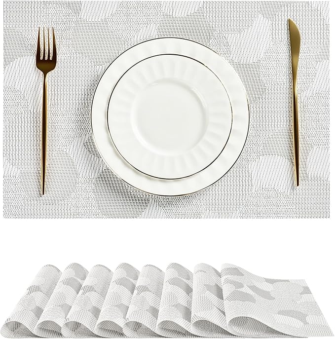 Leetaltree White Placemats Set of 8 - Heat Resistant Non-Slip Place mats for Dining Table, Washable Durable PVC Vinyl Woven Table Mats（White Circle,8）