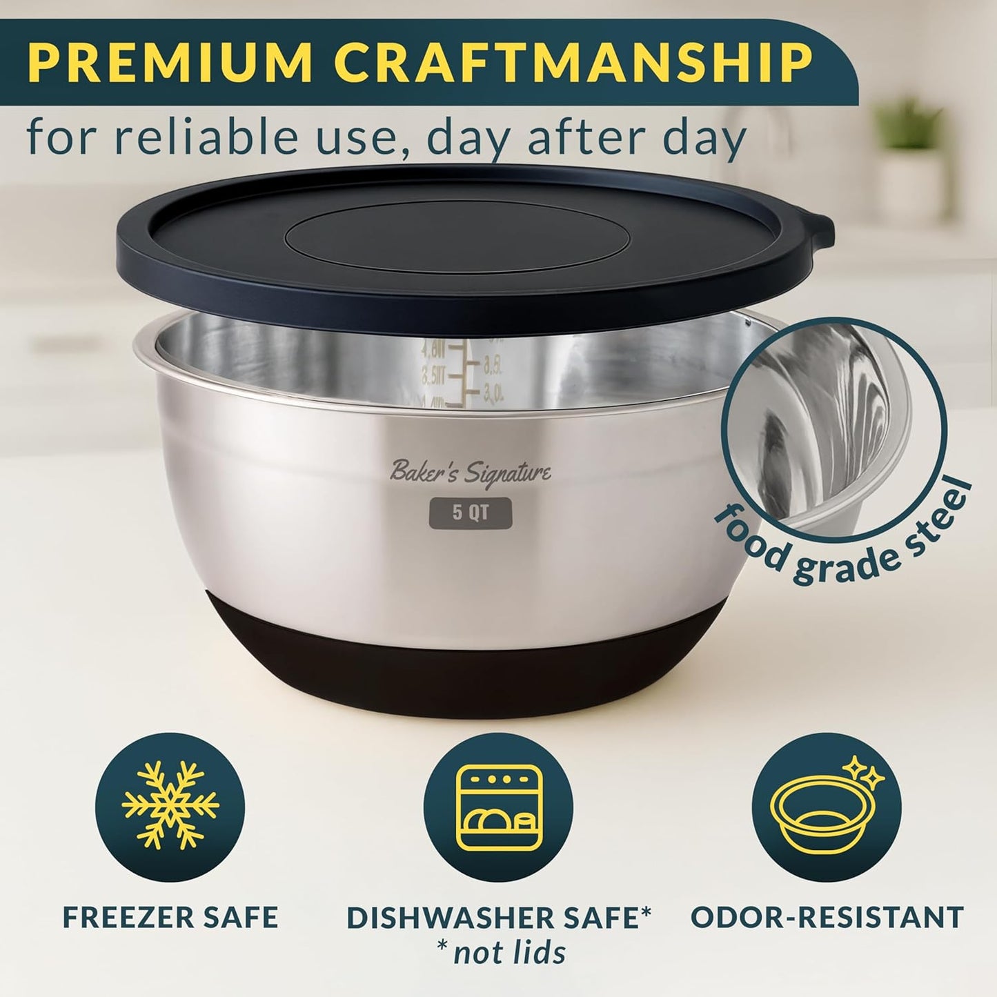 Stainless Steel Mixing Bowls with Lids Set, 5 Sizes, 3 Graters, Non-Slip Base, Airtight Lids, Metal Mixing Bowls for Kitchen, Food Prep, Storage, 0.63QT-5QT, Black