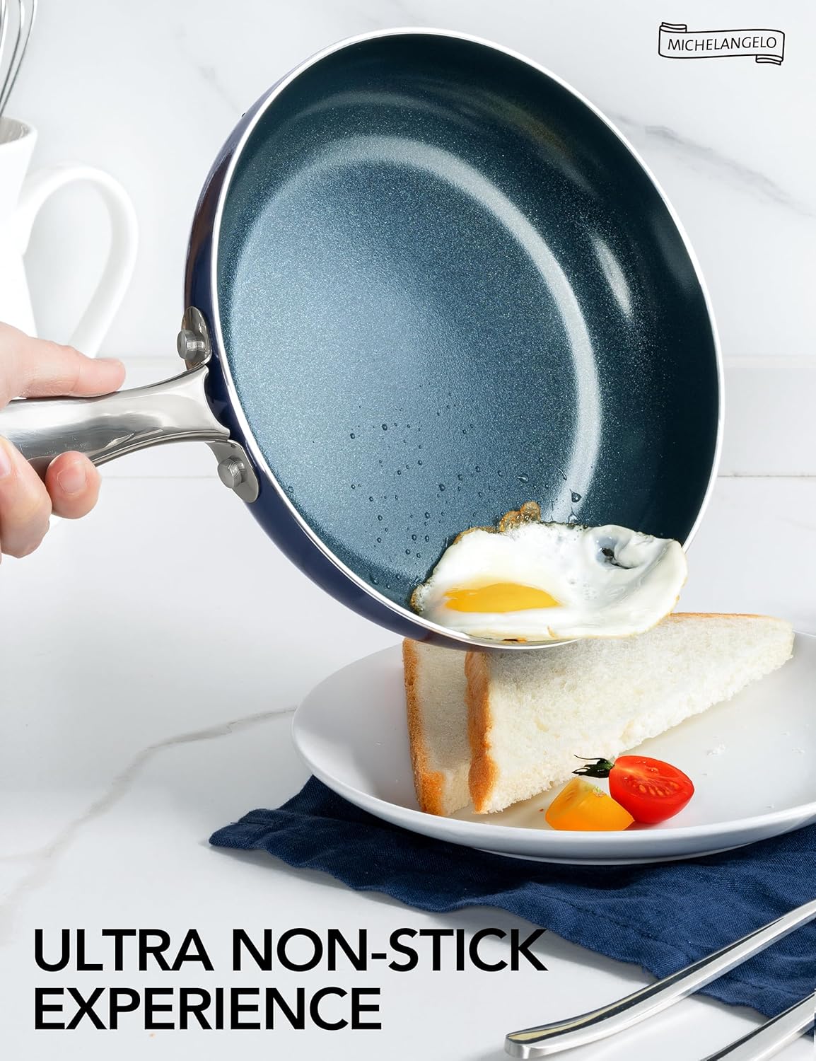MICHELANGELO 10 Inch Frying Pan with Lid, Blue Frying Pan with Nonstick Diamond Infused Coating, Nonstick Frying Pans, Diamond Fry Pan Blue