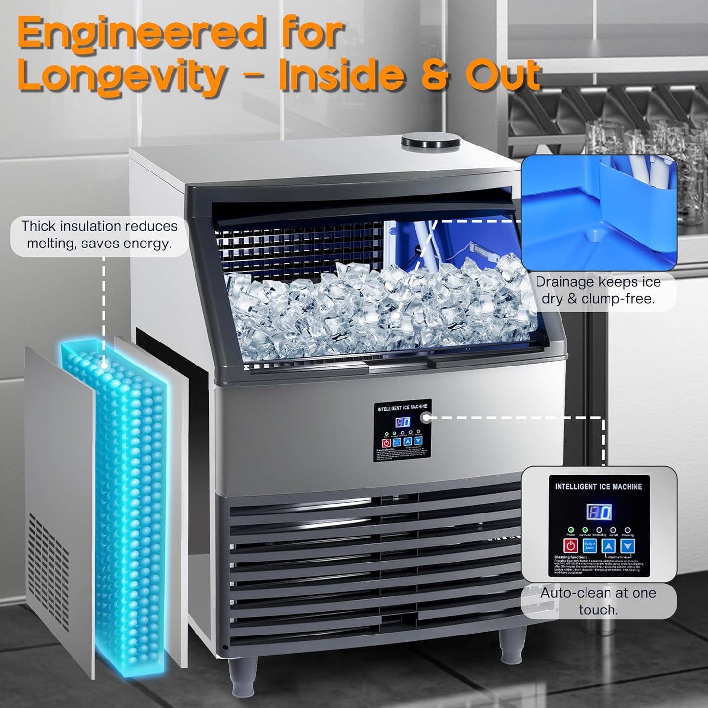 Albott Commercial Ice Maker with 2 Way Water Inlet, 450lbs/24H Freestanding ice Machine Countertop with 24lbs Storage Capacity, Self Cleaning for Home/Bar/Restaurant