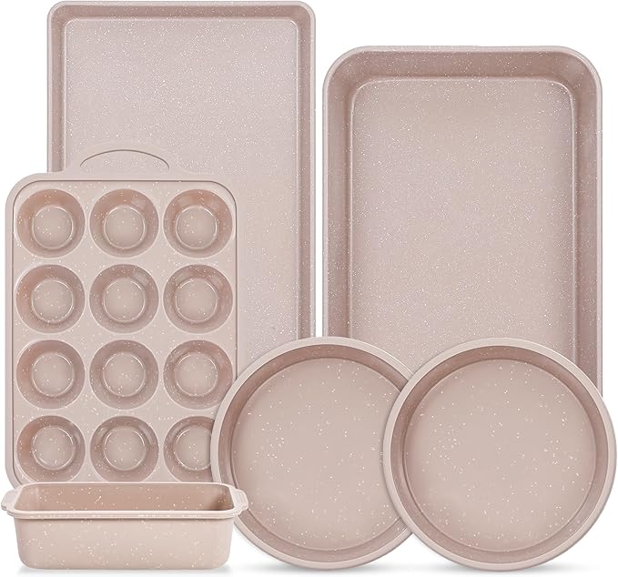 6 Pcs Baking Pans Set, Silicone Bakeware Sets with Metal Reinforced Frame, Nonstick Stackable Carbon Steel Non Toxic Baking Sets for Cooking (Brown)