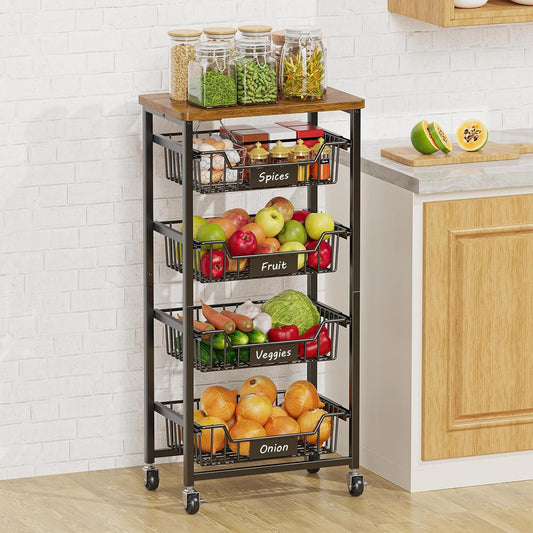 5-Tier Vegetable Fruit Basket Kitchen Storage Rolling Cart on Wheels with Pull-Out Baskets and Wood Top for Kitchen Diningroom Pantry