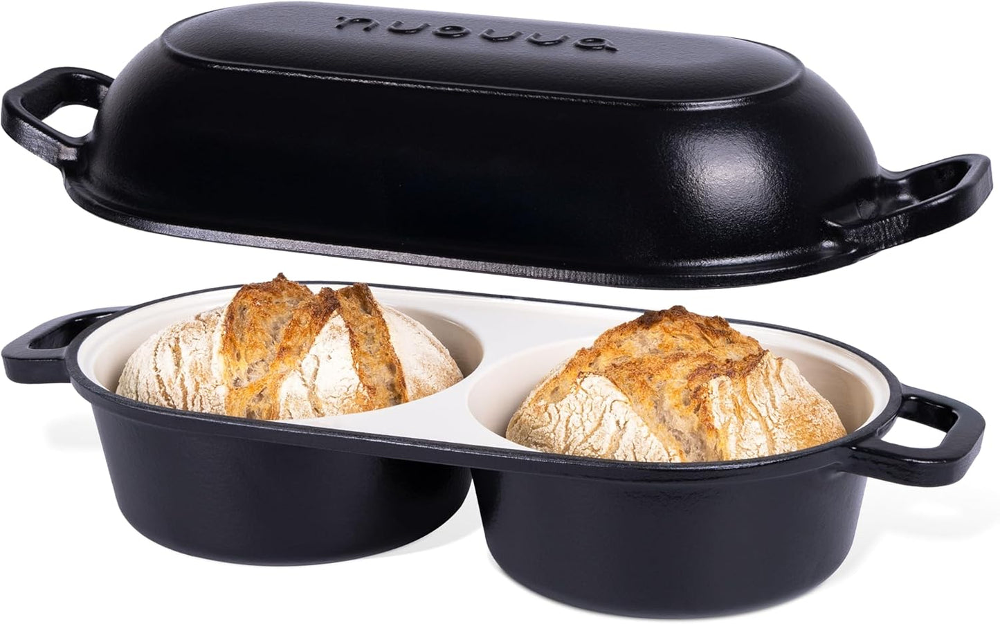 nuovva Dutch Oven for Sourdough Bread Baking – Enamelled Cast Iron Bread Loaf Pot – 500°F Oven Safe Non Stick Bread Pot – Double Round Loaf Space, 16.5cm Diameter, Black