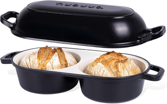 nuovva Dutch Oven for Sourdough Bread Baking – Enamelled Cast Iron Bread Loaf Pot – 500°F Oven Safe Non Stick Bread Pot – Double Round Loaf Space, 16.5cm Diameter, Black