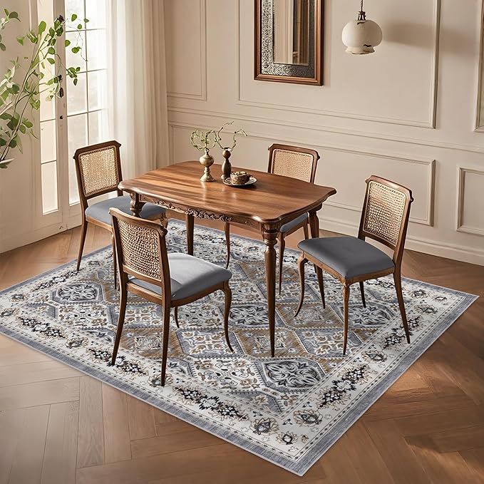 Area Rug for Living Room - Vintage Indoor Machine Washable Rug for Bedroom Dinning Room Floor - Soft Low-Pile Carpet Non-Slip Backing Floral Rugs for Office (Blue/Grey/Brown, 6' × 9')