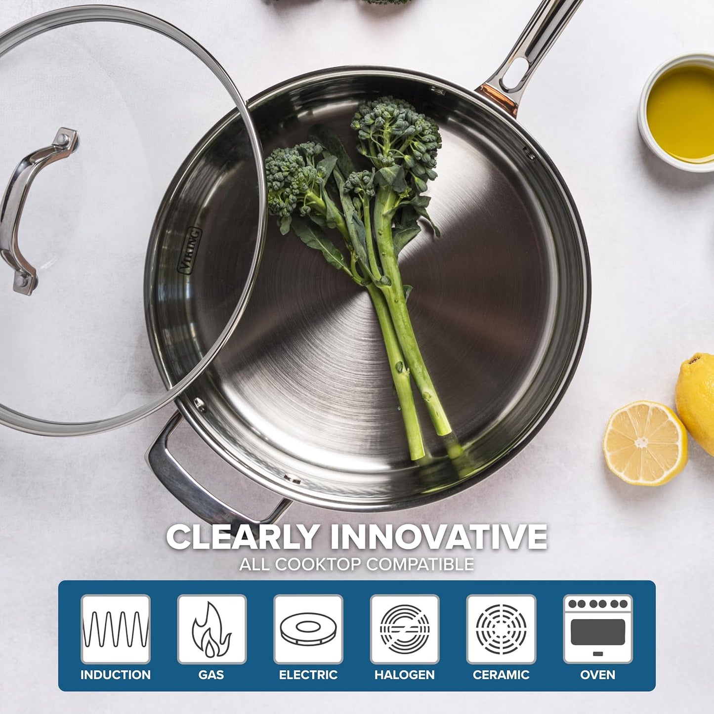 Viking 3-Ply Pots and Pans Set, 10 Piece Copper Kitchen Cookware with Glass Lids, Hammered Copper