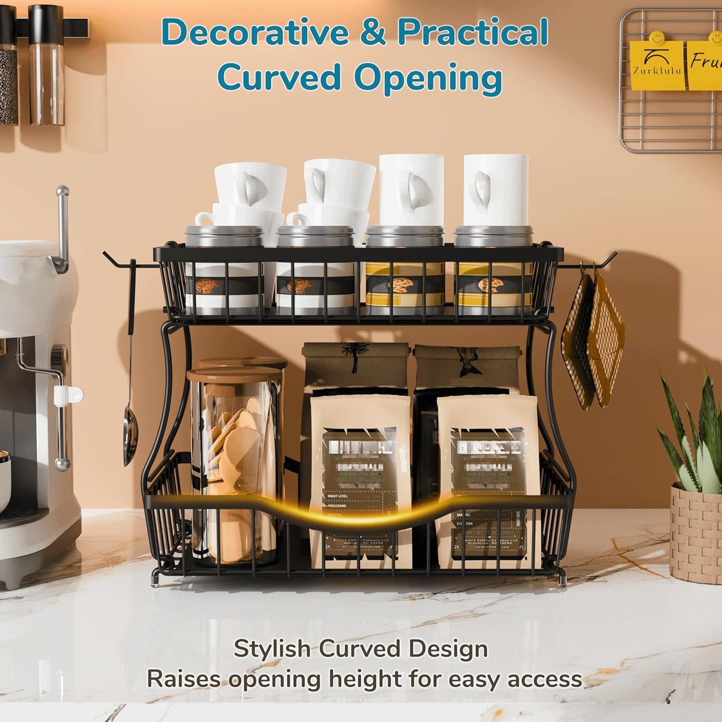 Large 2-Tier Fruit Basket for Kitchen Counter with 2 Banana Hangers – Metal Fruit Bowl for Onion, Vegetable, Snacks, Breads Storage – Countertop Organizer – Black, 14.5" W x 9.5" D