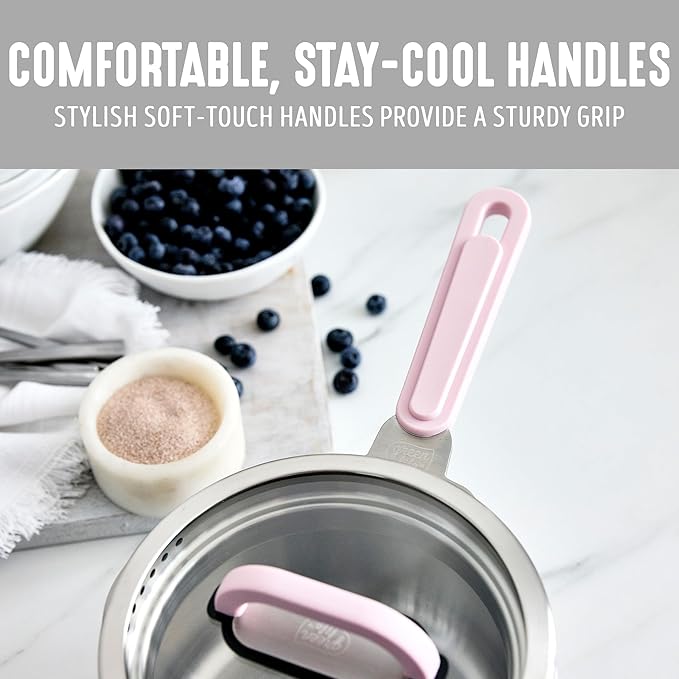 GreenLife 6 Piece Stainless Steel Cookware Set, Induction Kitchen Cooking Pots & Pans, Locking Lids, Built in Strainer, Drip-Free Pour Spouts, Silicone Handles, Saucepan, Stock Pot, Dishwasher Safe