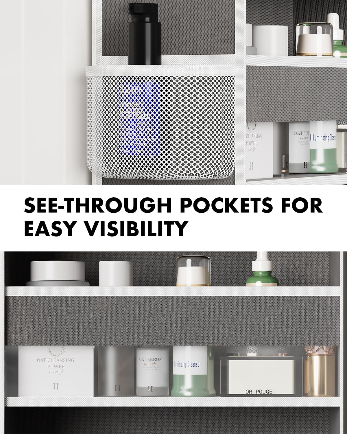 Over The Door Organizer Hanging - 6 Shelf Over Door Organizers with 6 Clear Front & 12 Side Pockets - Swing-proof 50LB Load Behind Door Storage for Closet Bedroom Bathroom Nursery Baby Essentials