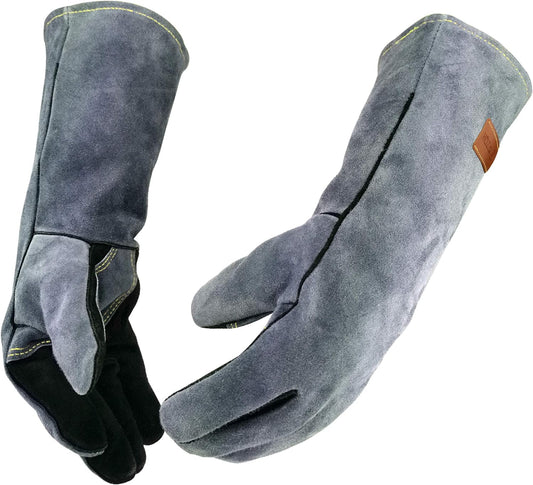 16 Inches,932℉,Leather Welding Gloves, Heat/Fire Resistant,Large Mitts for BBQ,Oven,Grill,Fireplace,Tig,Mig,Forge,Baking,Furnace,Stove,Pot Holder,Animal Handling Glove.L Black-gray