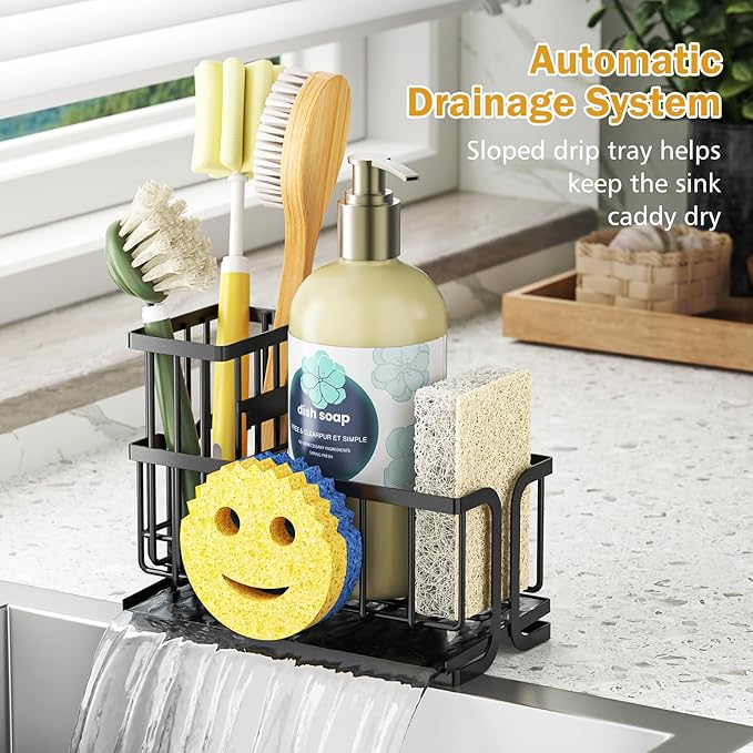 Epicano Sink Caddy Sponge Holder, Smiley Face Sponge Rack with High Brush Holder,Rustproof Kitchen Countertop Organizer,Kitchen Gadgets Sink Accessories, 7.6" x 6.3" x 4.1", Black