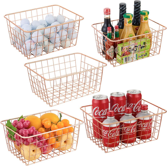 Wire Kitchen Storage Basket 5 Packs,Perfect Pantry Organization Accessories Baskets,Laundry Basket,Countertop Organization,Suitable for Kitchen,Bathroom,Bedroom,Tabletop,Rose gold