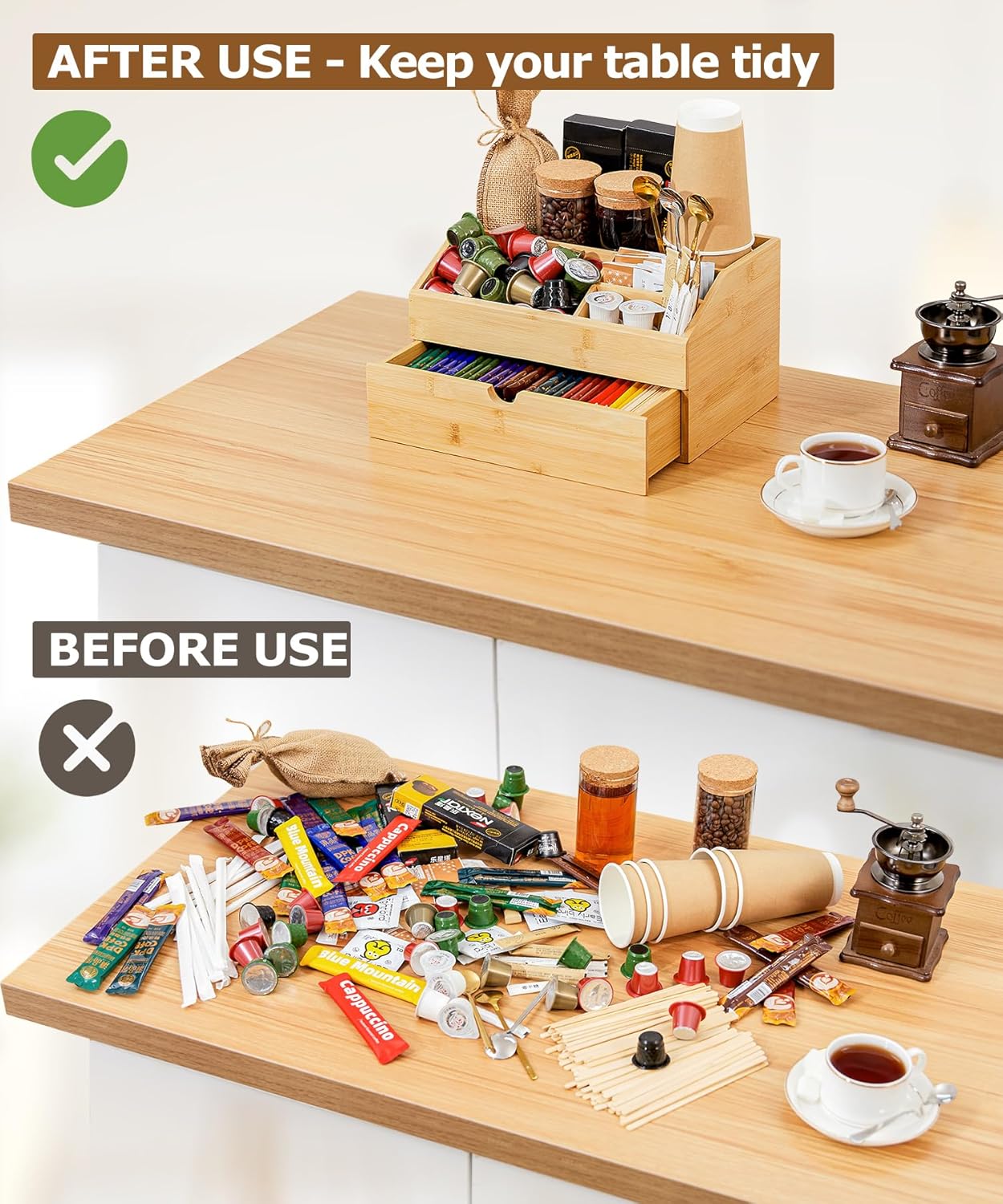 Coffee Bar Organizer Countertop with Drawer, Cafe Station Storage for Bar Accessories,Bamboo Espresso Bar Decor Holder for Bar Decor,Bamboo