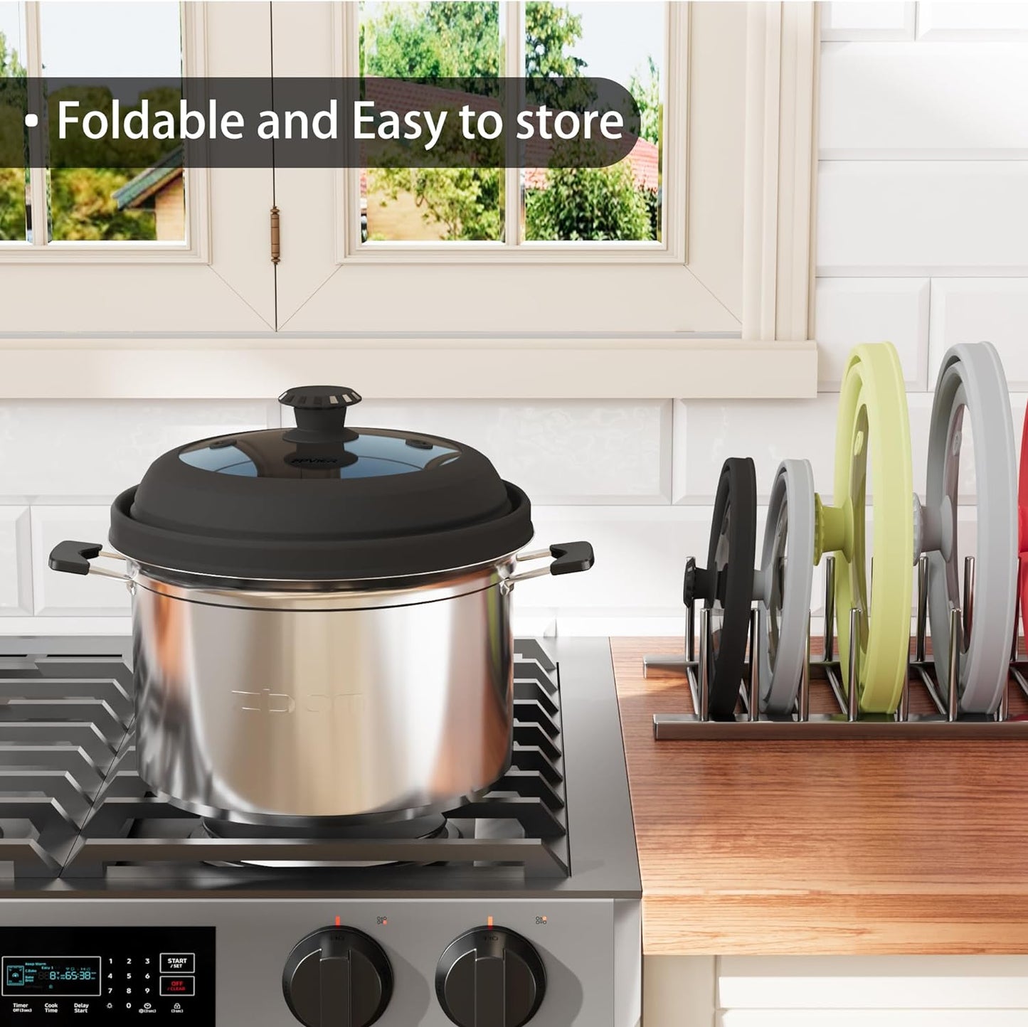 Collapsible Microwave Splatter Cover - Vented Silicone & Glass Lid with Easy-Grip Handle, Fits 6 to 10 Inch Plates & Bowls, 10.8 Inch Diameter, Prevents Splatters & Ensures Even Heating