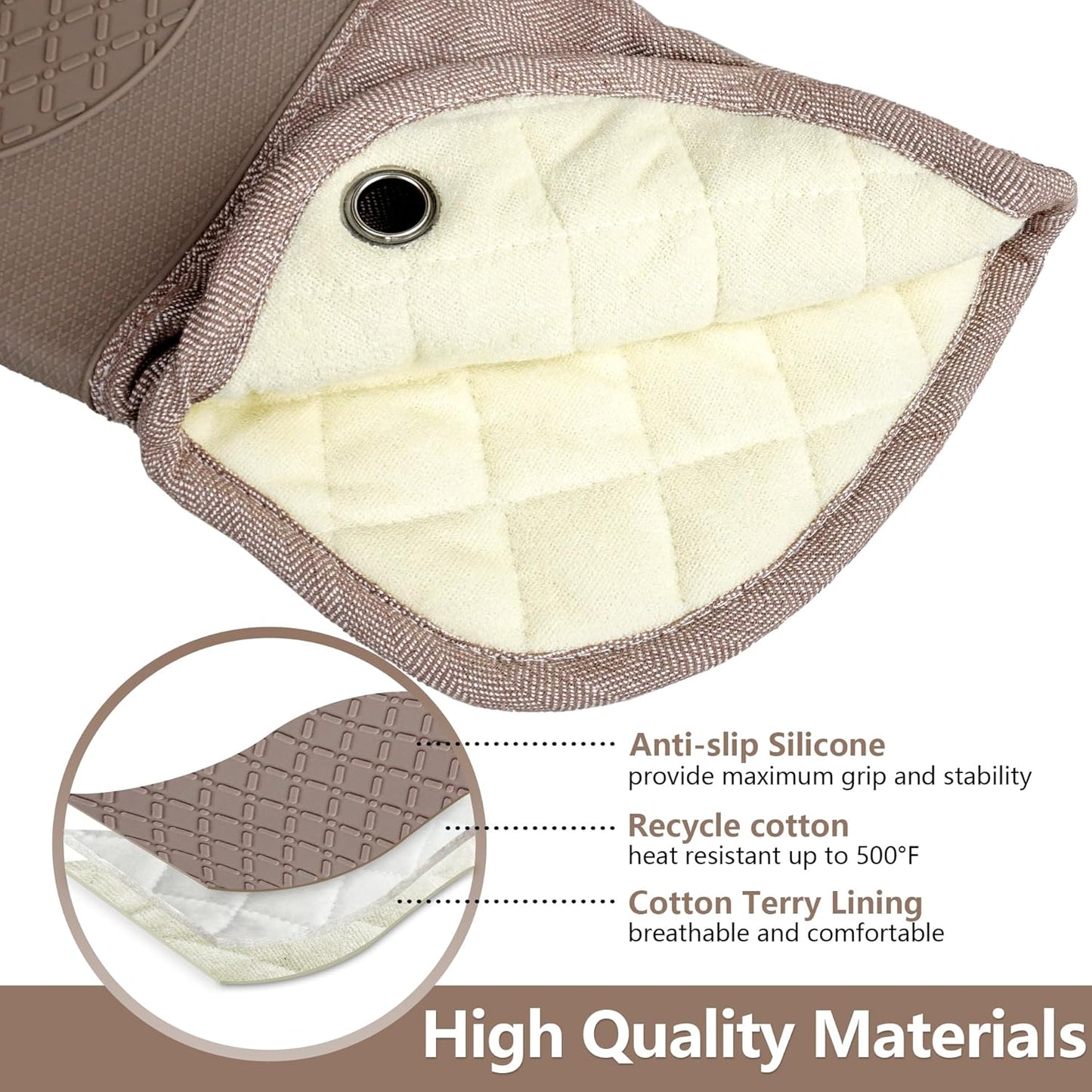 Professional Microwave Silicone Oven Mitts one Pair, Kitchen Mitten Set for Heat Resistant with 500 Degrees, Kitchen Gloves Pot Holder for BBQ Cooking Baking (Khaki)