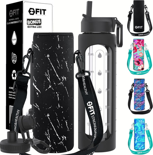 FIT Strong & Healthy 32 oz Glass Water Bottle with Straw Lid, Time Marker, Sleeve & Extra Lid - Motivational, Wide Mouth 1 Liter Glass Drinking Bottle