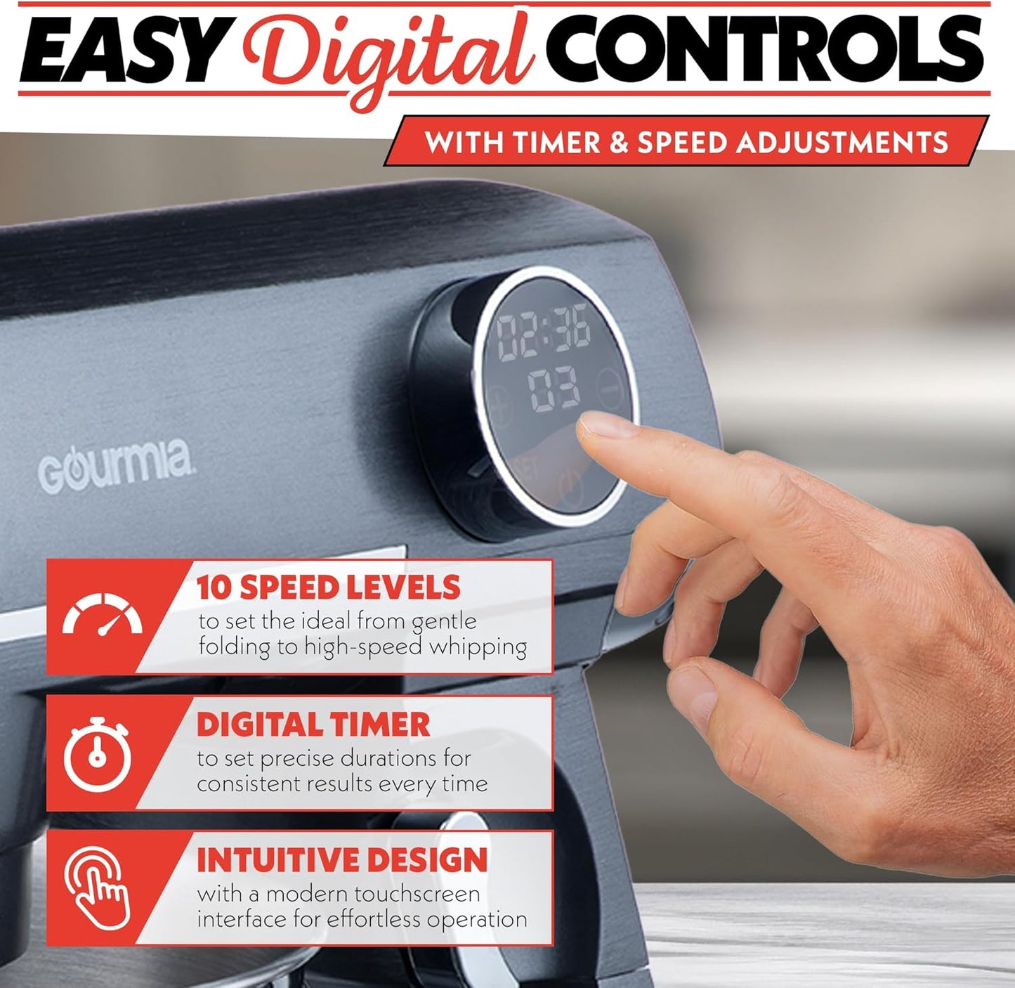 Gourmia 7 Qt Stand Mixer w/Attachments, Bowl Shield, Dough Hook, Whisk & Beater - 10-Speed Heavy Duty Kitchen Countertop Electric Dough Mixer