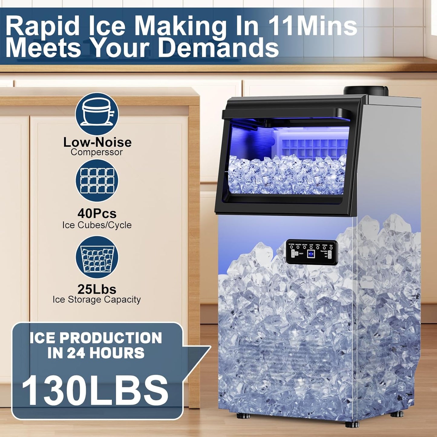 Commercial Ice Maker Machine 130Lbs/24H with 2 Water Inlet Modes, 36Pcs Ice Cubes in 8-15 Mins, Stainless Steel Under Counter/Freestanding Ice Machine with 25Lbs Storage Bin for Home/Shop/Office/Bar