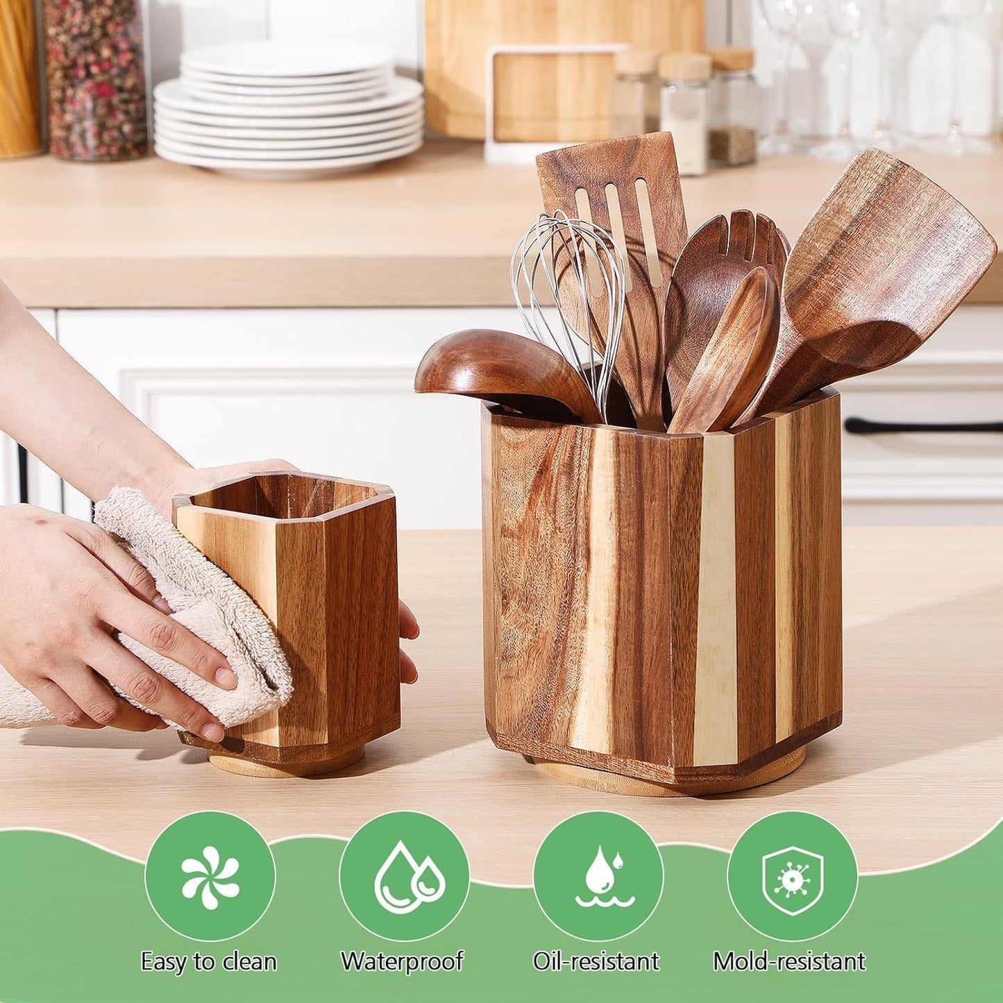 2 Pack Wooden Utensil Holder, 360°Rotating Kitchen Cooking Utensil Crock, Spoon Spatula Holder for Kitchen Counter, Farmhouse Countertop Organizer(Acacia,Square)