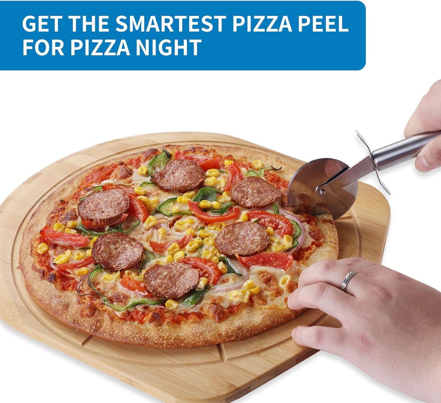 12.6” Bamboo Pizza Peel - Lightweight Smooth Wooden Pizza Paddle and Pizza Cutting Board with 8 Slice Grooves, Outdoor Pizza Oven Accessories, 19.7 Inch x 12.6 Inch