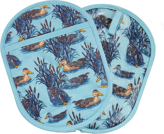 Pot Holders Set of 2 with Transparent Clear Silicone Shell and Nice Duck Flower Cotton Lining, Heat Resistant to 500 F Kitchen Oven Gloves Pot Holder for Cooking (Wathet Blue, Potholders)