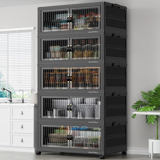 600Qt Stackable Storage Bins with 5 Lids, Extra Large Closet Organizer Collapsible Drawer Boxes with Wheels, Folding Plastic Cabinet Containers for Home Kitchen Room Organization, 5Pack Black