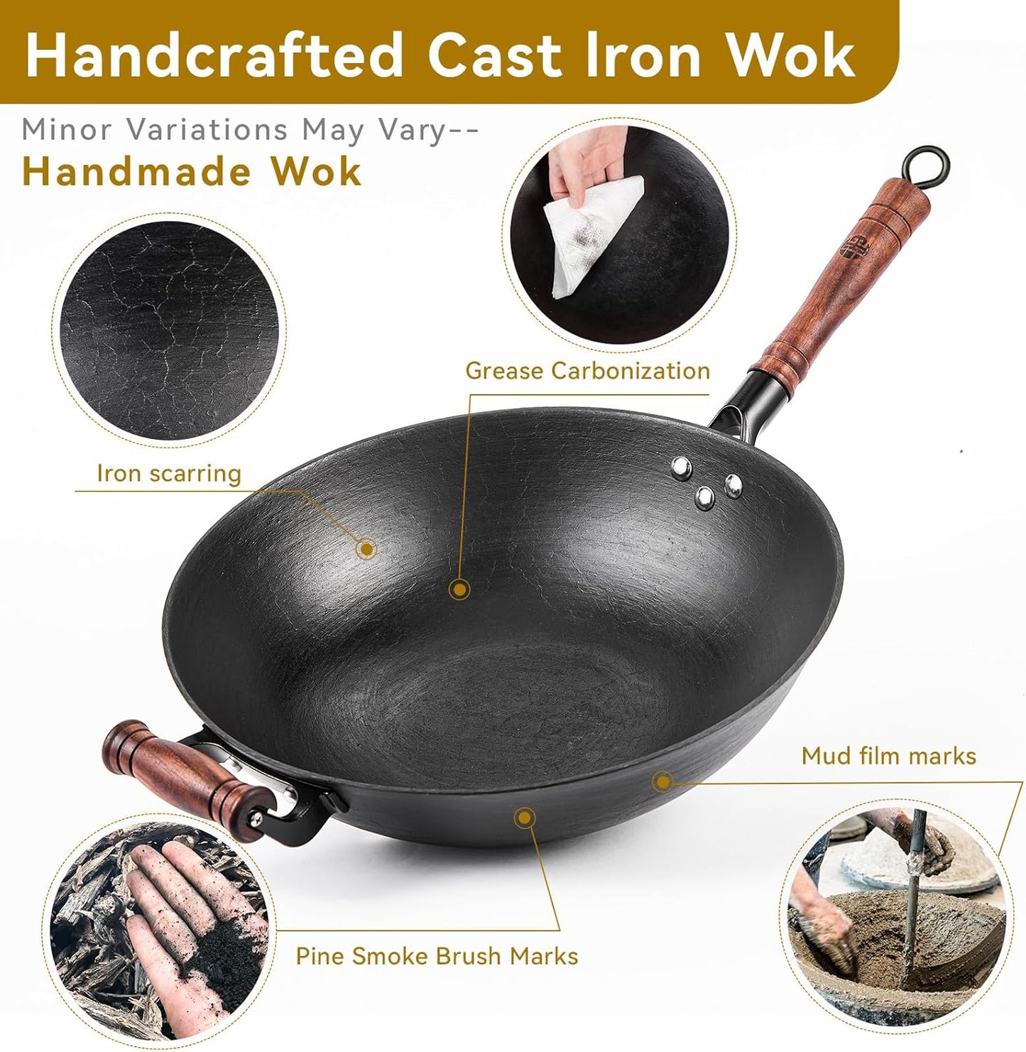 WANGYUANJI 14.2 Inch Cast Iron Wok with Lid – Flat Bottom Chinese Stir Fry Pan, Handcrafted Non-Coated Iron Cookware for Induction, Gas & Electric Stoves, Black