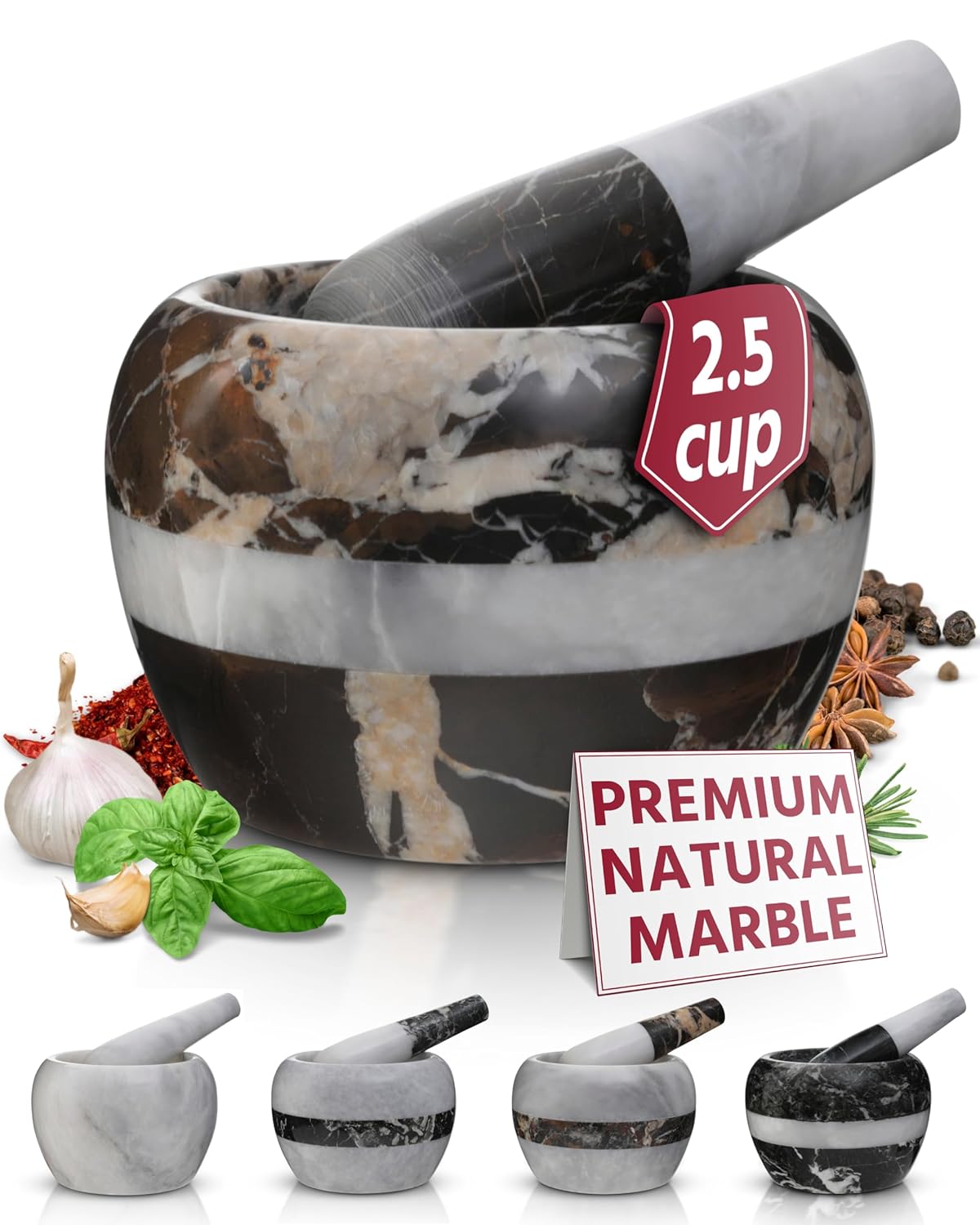 Gusto Nostro Natural Marble Mortar and Pestle Set | 5 Inch - 2.5 Cup Large Mortar Pestle Set for Grinding Herbs, Nuts, Grains | Pesto Grinding and Guacamole Stone Bowl | Marble Spice Crusher