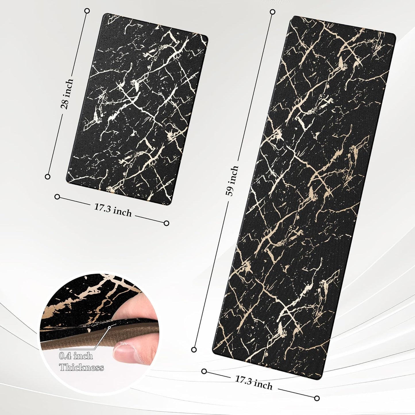 Gold Foil Stamped Marble Kitchen Mats for Floor 2PCS Cushioned Anti Fatigue Non Slip Waterproof Comfort Leather Kitchen Rugs 2/5 Inch PVC Kitchen Mats for Sink, Laundry, 17.3"x28"+17.3"x59", Black