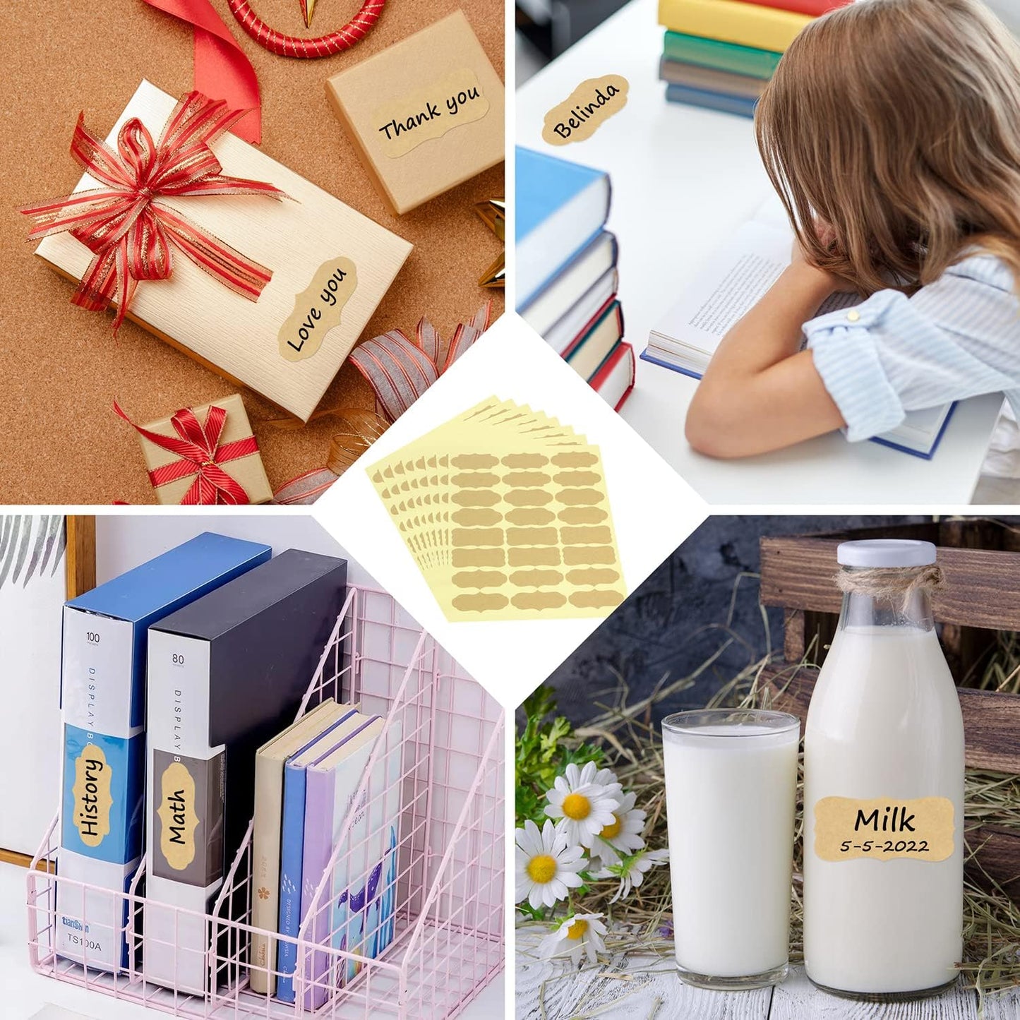 Wisdompro Fancy Shape Kraft Label Stickers, Self Adhesive Gift Tag Stickers Blank Writable Labels for Essential Oil Bottles, Jars, Food Containers (192 Pcs, Large)