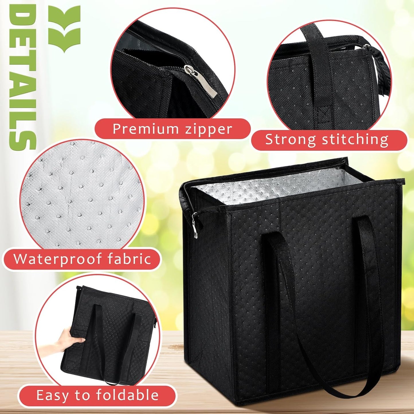 Paterr 4 Pcs Insulated Grocery Bags Large Reusable Insulated Cooler Bags with Zipper Top Shopping Totes for Hot or Cold Food