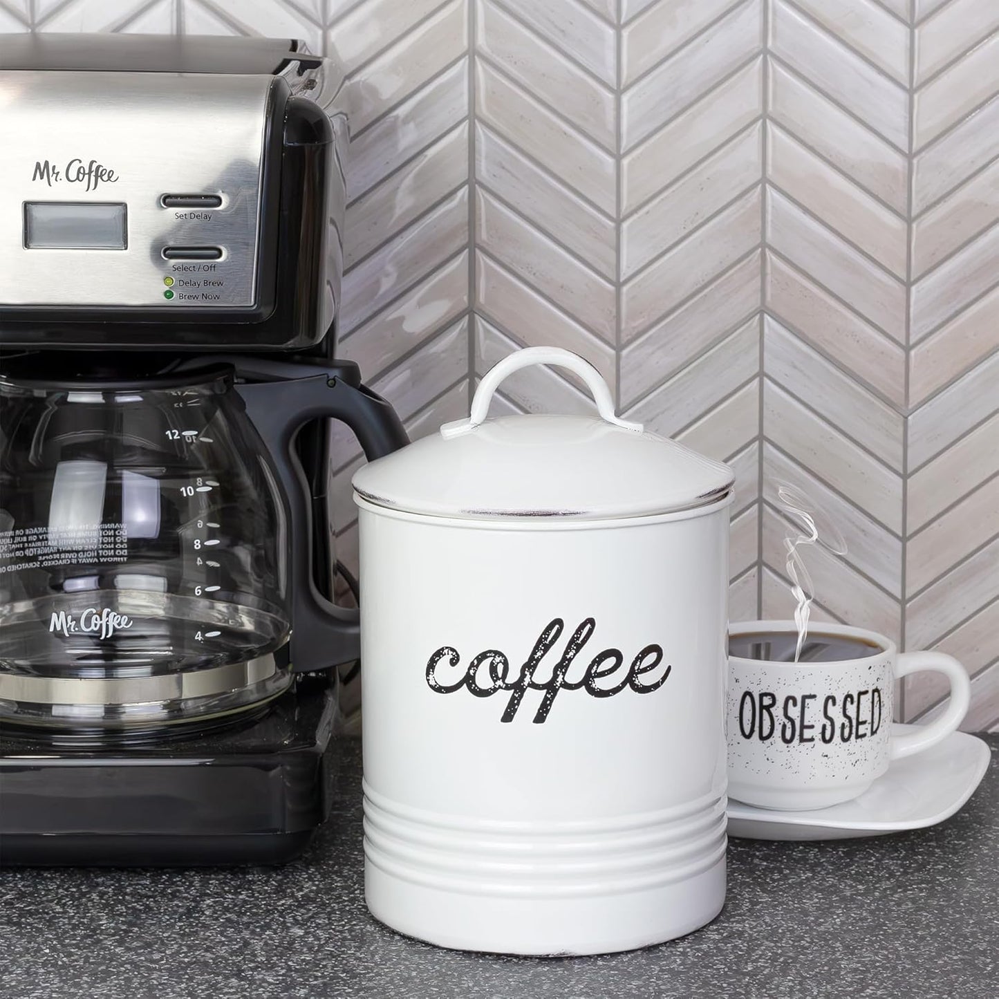 AuldHome Design Enamelware White Coffee Canister; Rustic Distressed Style Tea Storage for Kitchen