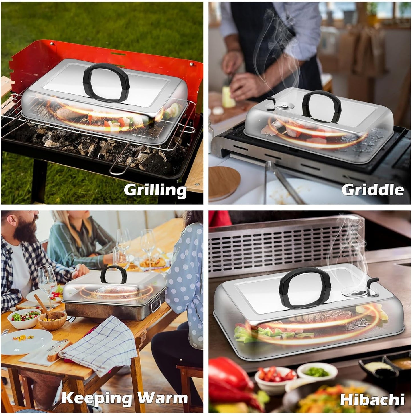 Rectangular Melting Dome 2Pcs, HaSteeL 13.3 X 9.8In Stainless Steel Bating Steaming Cover, Heavy Duty Solid Griddle Lid & Grill Pot with Air Damper, for Flat Top Hibachi Cooking, Dishwasher Safe