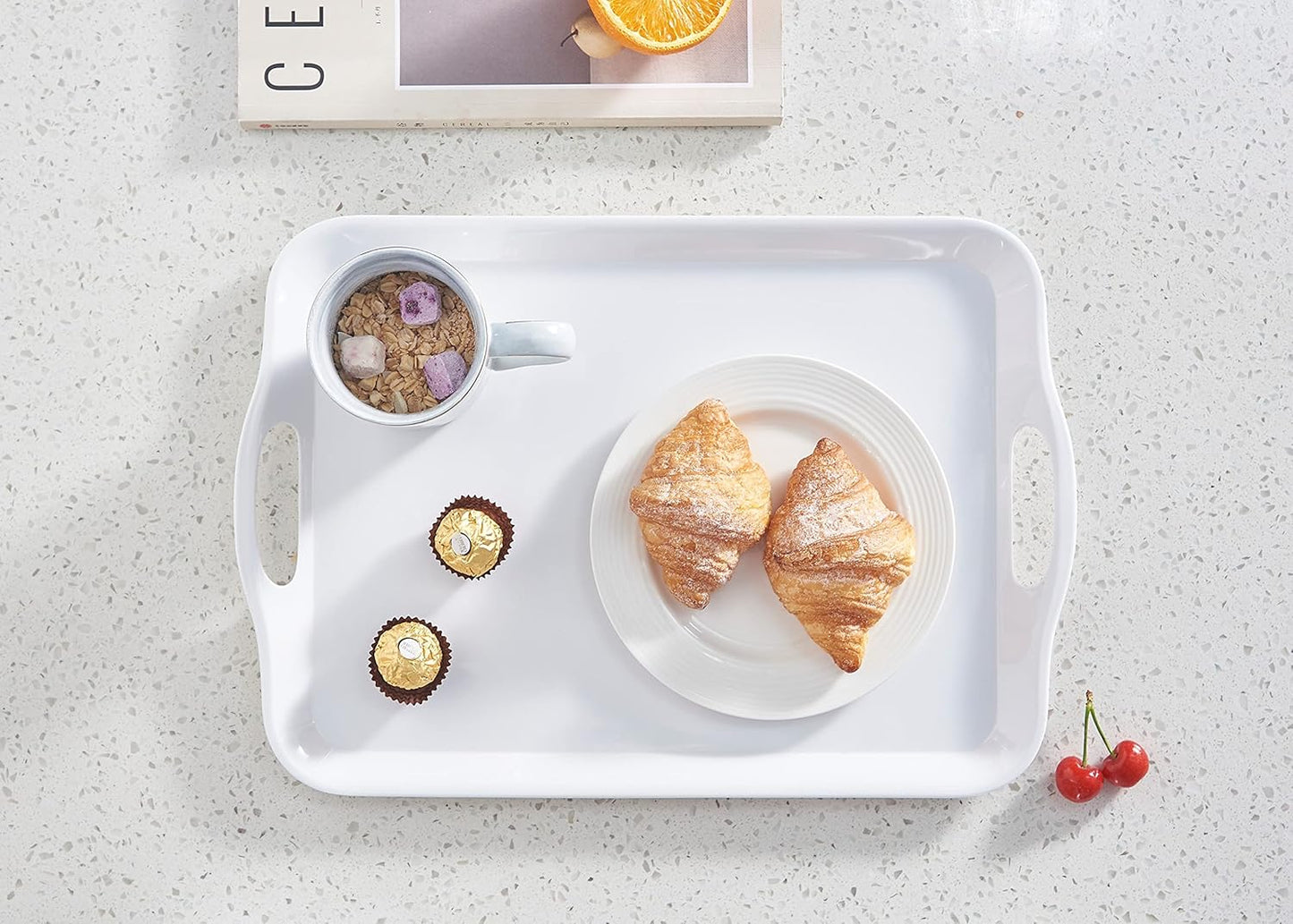 Blue Boat 16.5" x 11.5" Serving Trays Set of 2 White, Dinner Tray, Light Weight Easy to Clean Sturdy Stackable Melamine Serving Tray with Handle, Fruit, Snacks, and Desserts Trays