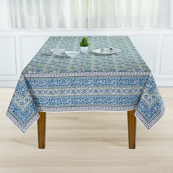 Ridhi Asparagus Green Hand Block Print Cotton Rectangle Tablecloth 160 x 72 inch-Reusable Table Cover Decorative Everyday Use for Dining Room, Farmhouse, Thanksgiving, Christmas Wedding, Fall