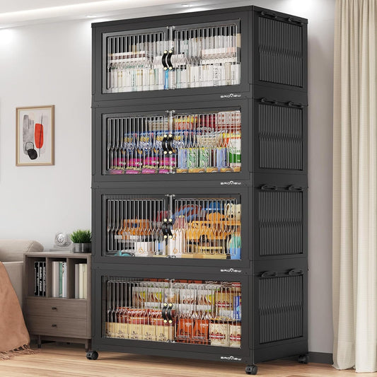 800Qt Extra Large Stackable Storage Bins with Lid, Closet Organizer Collapsible Drawer Boxes with Wheels, Folding Plastic Cabinet Containers for Home Kitchen Room Organization, 4Pack Black