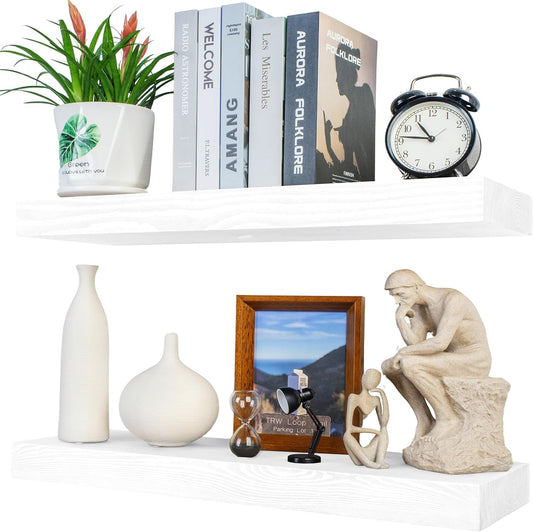 Rustic Floating Shelves 24 inch Long 8 inch deep Set of 2, Solid Wood Wall Shelves for Bedroom Living Room Kitchen,Book Shelf for Wall, Wall Mounted Shelves with Hidden Bracket- White