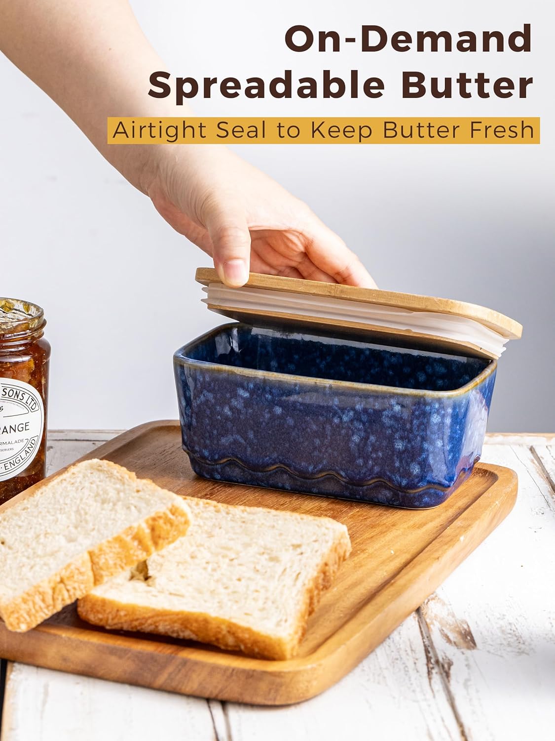 Ceramic Butter Dish with Lid, Covered Butter Dish for Countertop, Airtight Butter Holder Crock with Airtight Seal, HoneyBee Kitchen Decor, Blue