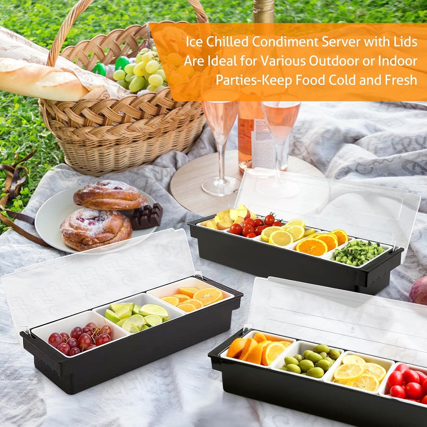 WICHEMI Fruit, Veggie & Condiment Caddy with Lid Dispenser Tray Garnish Station for Bartending & Serving Taco, Ice Cream, Salad Bar - Topping Organizer for Restaurant Supplies (3 Compartment, 2 Pack)