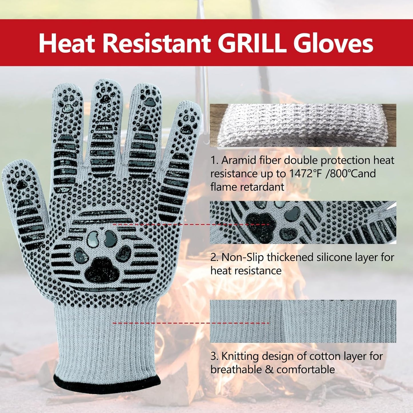 UBeesize BBQ Gloves (Bear Paw), 1472°F Heat Resistant Grill Gloves, Fireproof Oven Gloves for Cooking, Non-Slip Fire Gloves for Grilling, Barbecue, Smoker, Baking, Frying